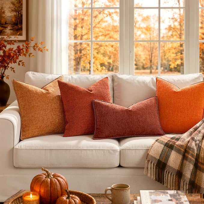 MIULEE Fall Decorative Couch Throw Pillow Covers 18x18 Inch Orange 2 Pack | Farmhouse Pillow Covers with Stitched Edge, Soft Chenille Cushion Cases, for Sofa Bed Living Room Home Decor