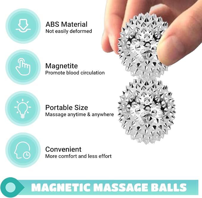 Massage Ball, Magnetic Balls, Hand Spiky Massage Ball Silver Ball 1 Pair, Hand Acupuncture Ball Massage for Adult and Kid, Hand Exercise Squeeze Balls for Pain Pressure and Stress Relief