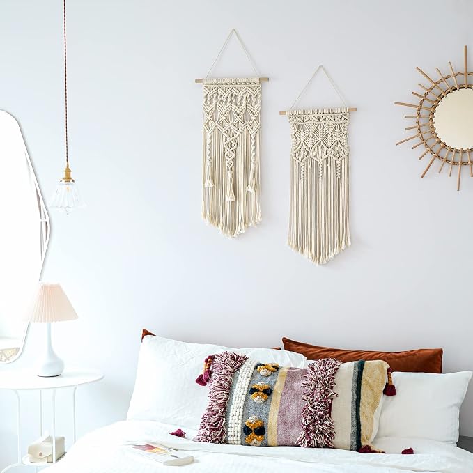 Mkono 2 Pcs Macrame Wall Hanging, Boho Woven Chic Tapestry Decor, Ivory | 28"L x 13"W, Bohemian Wall Decor, Hand-Woven Craft, Multi-Scene, Bedroom Nursery Living Room Apartment, Girls Adults Gift