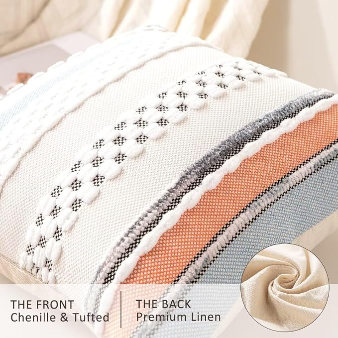 Boho Throw Pillow Covers Decorative Neutral Farmhouse Pillow case | 18x18 Set of 2 Cushion Case Striped Square Pillows Cover Couch Pillow Cases Accent Pillowcase for Sofa Bed,Orange Blue
