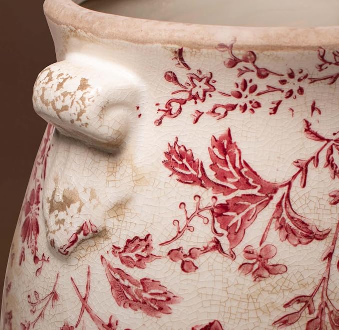 Antique Ceramic Planter & Vase for Home Decor, Rustic Farmhouse Flower Pot | 6.68 Inch Indoor Decorative Plant Pots, Vintage Ornament, Perfect for Bookshelf & Tabletop, Unique Gifts for Women, Red