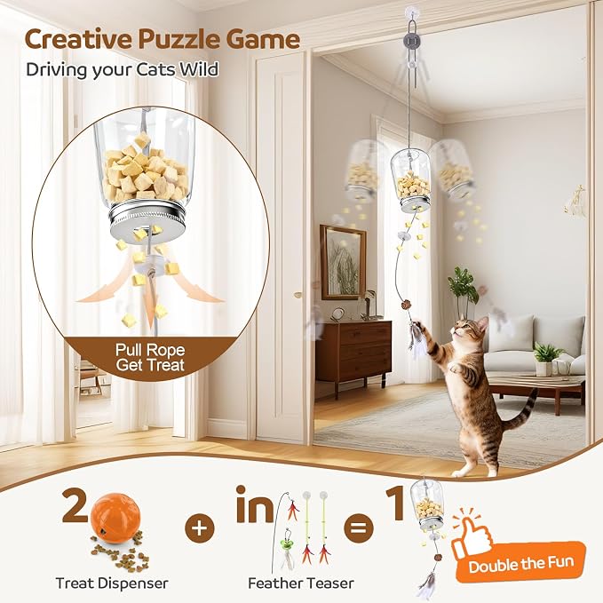 2-in-1 Hanging Cat Toy for Indoor Cats, Interactive Door Hanging Teaser & Treat Dispenser, Self Play Kitten Toy with Feather, Springs & Rope, Boredom Relief for Home Alone Cats