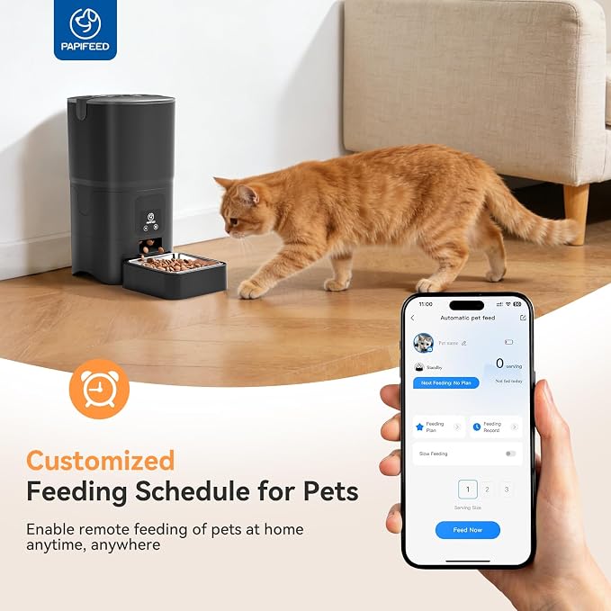 PAPIFEED Automatic Cat Feeder with App, 2.4G WiFi Cat Food Dispenser, 6L Timed Cat Feeder for Dry Food, 10 Meals/Day, 12 Portions/Meal, Dual Power Supply Smart Pet Feeder for Small Dog, Black