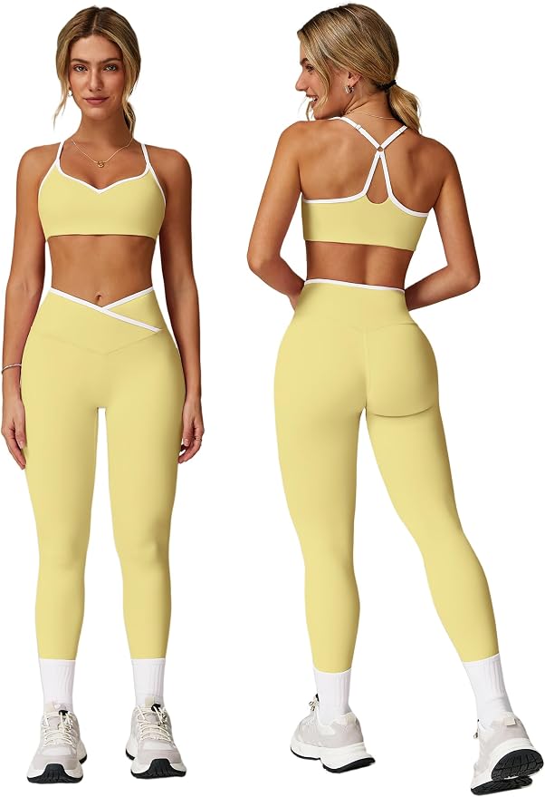 ABOCIW Workout Sets for Women 2 Piece Color Block Strappy Sports Bra High Waist Shorts Gym Yoga Pilates Outfits