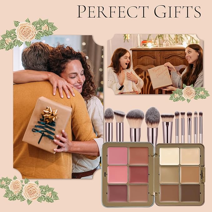 12 Colors Makeup Palette & Brush Set, Professional Eyeshadow, Blush, Highlighter, Contour Kit with 10 Champagne Gold Brushes, Cruelty-Free, Vegan, Travel-Friendly, for Beginners Pros