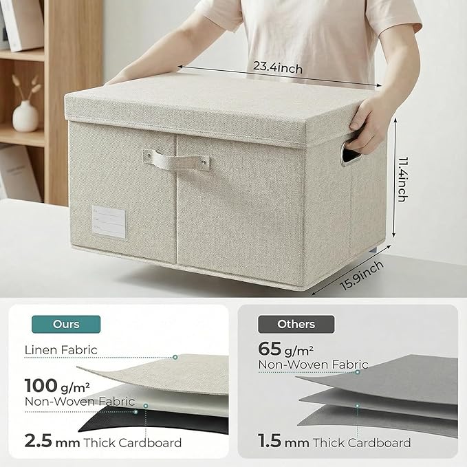 Storage Bins with Lids [3-Pack] Linen Fabric Foldable Storage Boxes Organizer Containers Baskets Cube with Cover for Bedroom Closet Office Beige (23.4X15.9X11.4)