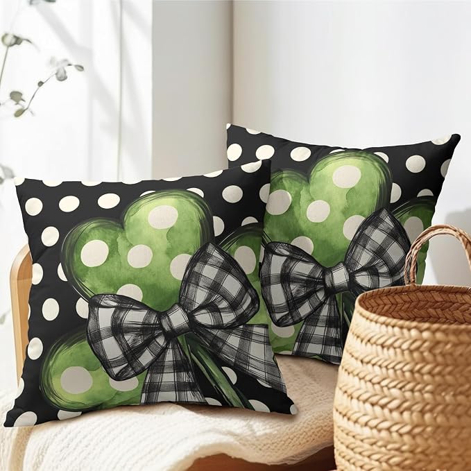 Kawani St Patricks Day Pillow Covers 18x18 Set of 2 Polka Dots Lucky Shamrock Clover Black Pillowcase Cotton Linen Square Cushion Case for Couch Sofa Bed Farmhouse Indoor Outdoor Decor