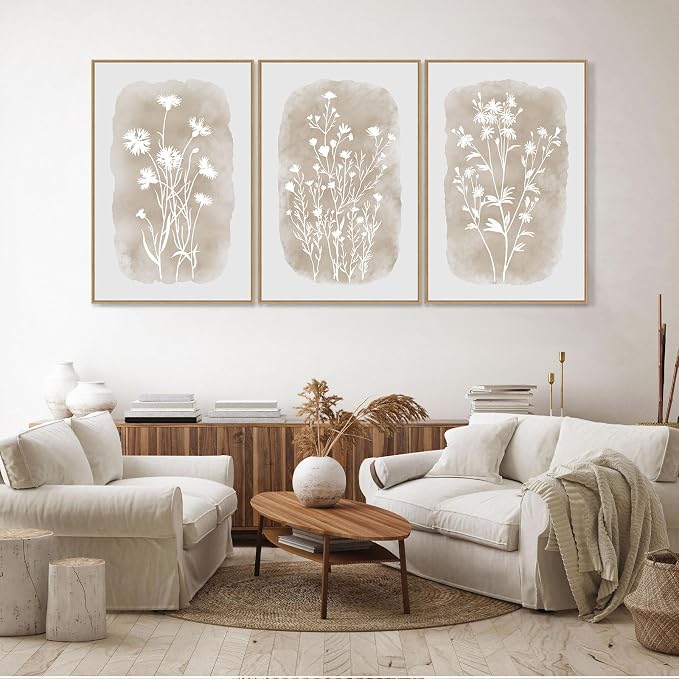SAFERRYHOME Neutral Wildflower Beige Botanical Wall Art,3 Panels, 24x36 Inch