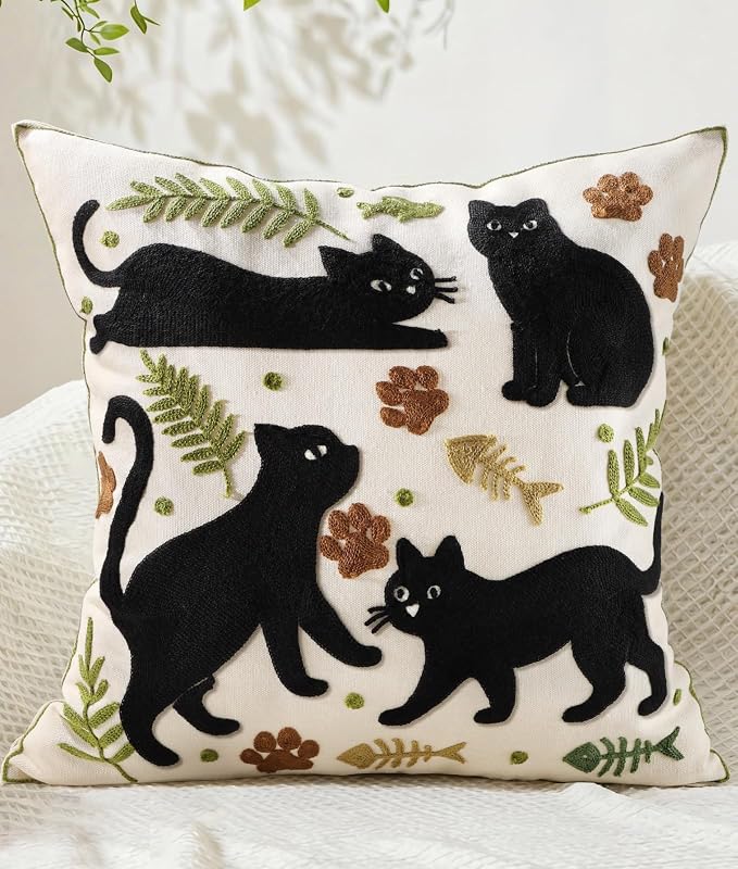 Animal Embroidered Throw Pillow Cover 18x18 Inch, Black Cat Leaves | Decorative Pillow Cover, Cottagecore Cushion Cases with Hidden Zipper, Farmhouse Decor for Couch, Sofa, Living Room