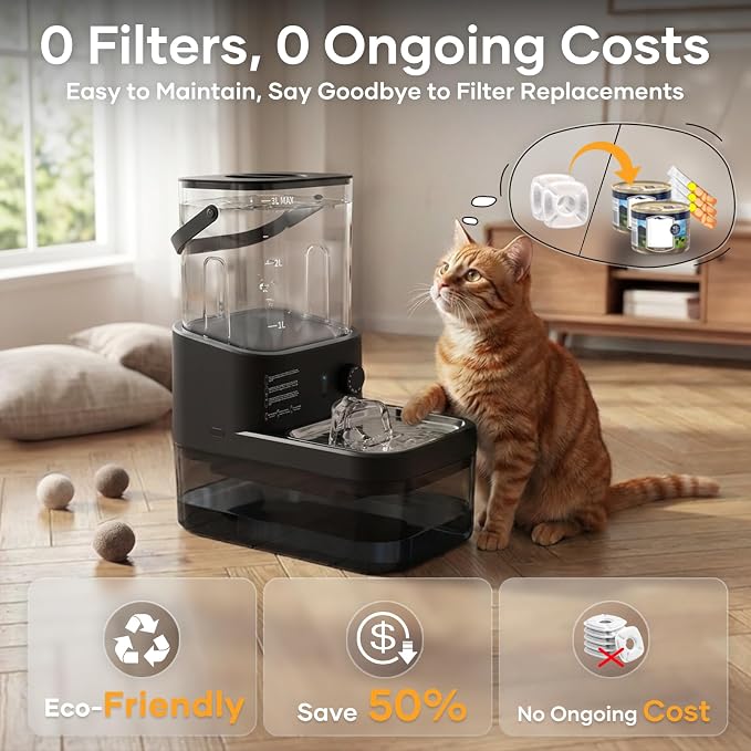 3L Filterless Cat Water Fountain, Wireless, Wastewater Separation | 4000mAh Rechargeable Battery,Motion Sensor Activation,Separate Water Tanks,Gravity Water Refill,Stainless Steel Bowls,Quiet