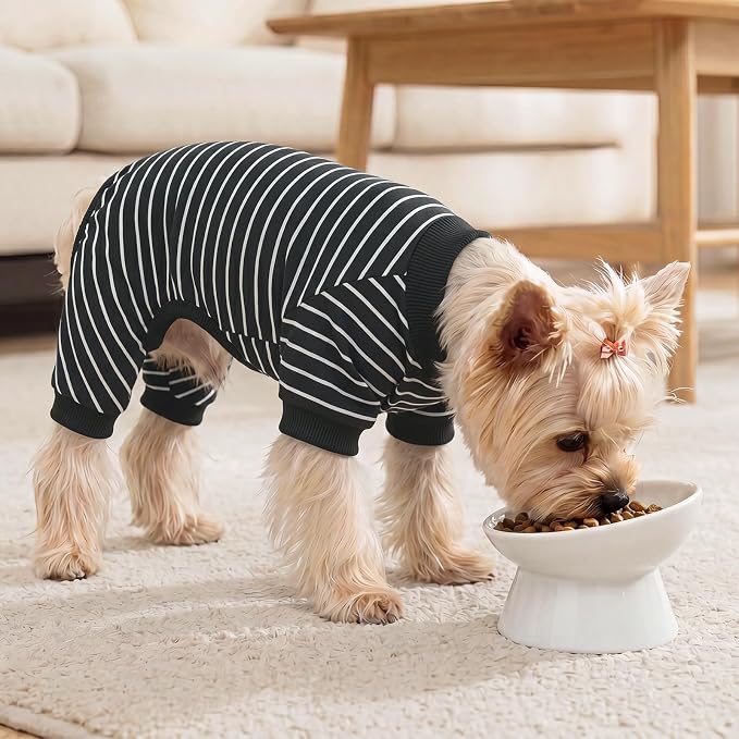 XPUDAC 4 Pack Dog Pajamas Striped Dog Clothes for Small Medium Dogs Girl Boy Comfy Puppy Outfit Doggy Jammies Onesie Pet Costume, Blue, Grey, Green, L