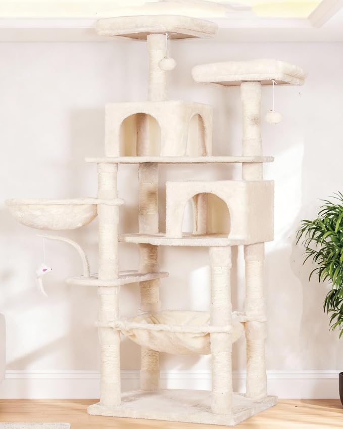 Heybly Cat Tree, 70 inches Tall Cat Tower for Indoor Large Cats HCT032M | Big Cat Condo with Toy , Cat House Furniture with Padded Plush Perch, Cozy Hammock and Sisal Scratching Posts, Beige