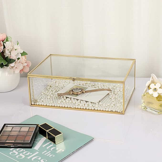 Hipiwe Vintage Glass Keepsake Box - Rectangle Jewelry Display Case, X-Large | Gold Vanity Organizer Lidded Boxes Home Decor Accent for Storage Trinket Rings Bracelet Rock