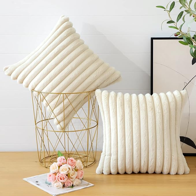 Soleebee Set of 2 Throw Pillow Covers Soft Cozy Velvet Pillowcase Faux Rabbit Fur Cover for Couch Sofa Bed Chair Home Decorative Pillows Cover (18x18 Inch, Ivory White)