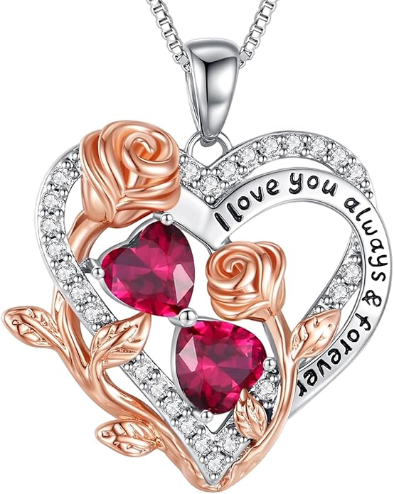 I Love You Birthstone Necklace, 925 Sterling Silver Heart Pendant with CZ Diamond Stones, Birthday Gifts for Women, Romantic Gift for Wife, Girlfriend, Her, Anniversary, Valentine's Day, Christmas