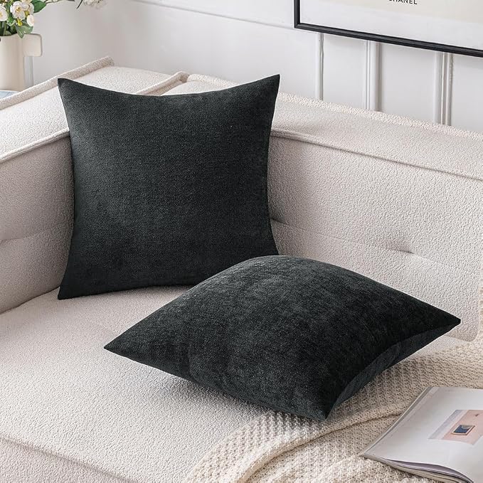 MIULEE Pack of 2 Black Decorative Pillow Covers 18x18 Inch | Soft Chenille Couch Throw Pillows Farmhouse Cushion Covers for Home Decor Sofa Bedroom Living Room