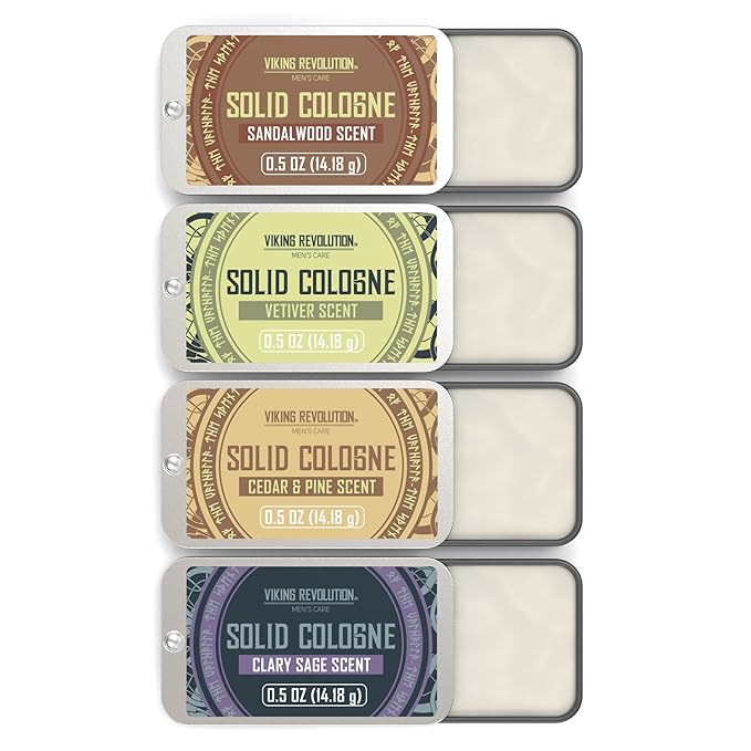 Viking Revolution 4 Pack Mens Solid Colognes 0.5 Oz - Men Solid Perfume with Cedar Wood, Clary Sage, Vetiver, Sandalwood Cologne for Mens - Travel Cologne Wax Gifts for Men