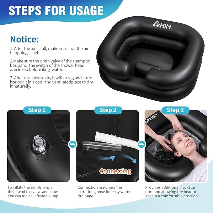Inflatable Shampoo Basin - Portable Shampoo Bowl, Hair Washing Basin for Bedridden, Disabled,Injured, Hair Wash Tub for Dreadlocks and at Home Sink Washing (Black)