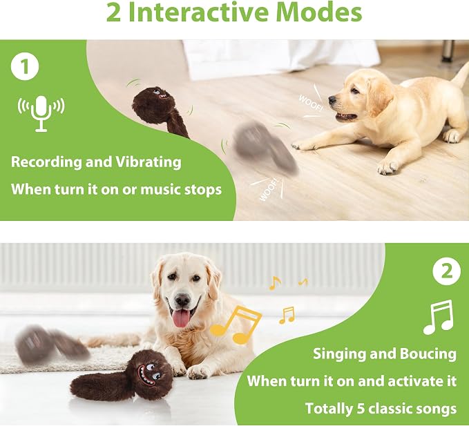 PETGEEK Upgraded Vibrating Squeaky Dog Ball, Rechargeable 900mAh, Brown