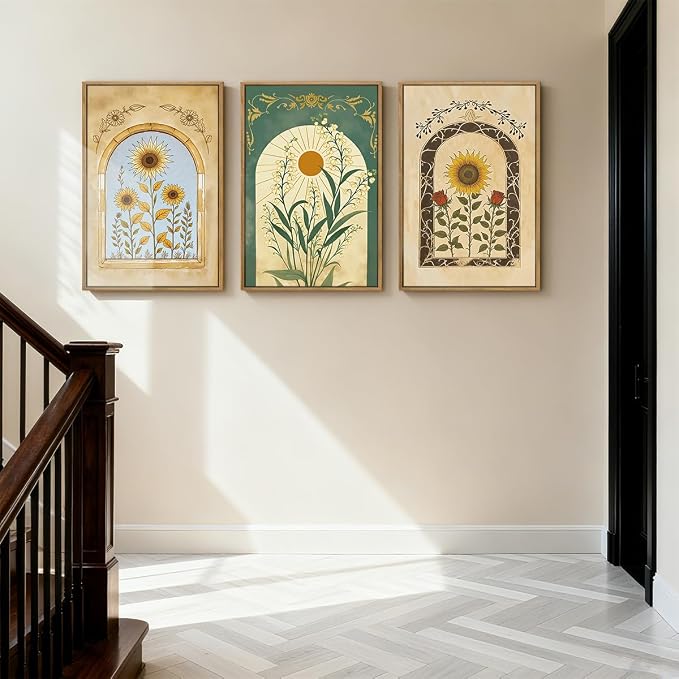 ANHUIB Vintage Boho Floral Wall Decor 16x24 Inch Bohemian wall art Botanical Wall Art Earthy Sunflower Illustration Set of 3 for Living Room Bedroom Office