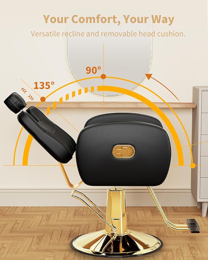 Baasha Black & Gold Reclining Salon Chair - All Purpose Hydraulic Barber Chair with Removable Headrest - Comfortable Styling Chair for Makeup, Lash, Tattoo, Braiding & Shaving, 440 lbs Cap.