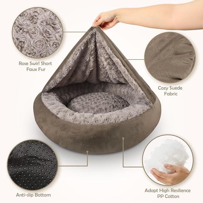 JOEJOY Small Dog Bed Cat Bed with Hooded Blanket, Cozy Cuddler Luxury Puppy Pet Bed, Donut Round Calming Anti-Anxiety Dog Burrow Cave Bed - Anti-Slip Bottom and Machine Washable 26 inch