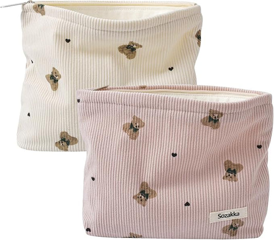 uekeboag 2Pcs Cute Small Soft Corduroy Zipper Makeup Bag for Purse, Coquette Aesthetic Pouch with Bear Pattern for Women Girls, Kawaii Travel Cosmetic Bags（Beige and Pink）