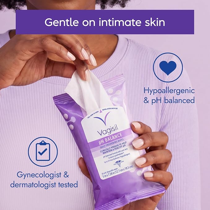 Vagisil pH Balance Daily Freshening Wipes for Feminine Hygiene in Resealable Pouch, Gynecologist Tested & Hypoallergenic, 20 Wipes (Pack of 1)