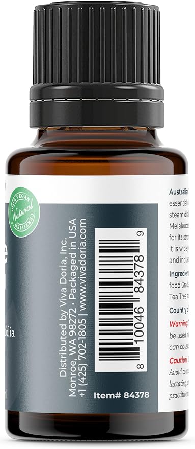 Viva Doria Tea Tree Essential Oil, 100% Pure, Natural, Australian Tea Tree Essential Oil, Undiluted, for Aromatherapy | Food Grade, 15 mL (0.5 Fluid Ounce)