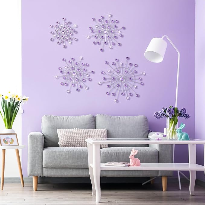 Blulu 4 Pcs Metal Wall Decor Bling Crystal Wall Art Cast Iron Rhinestones Sunburst Decor Starburst Art Hanging Diamond Accents Decorative for Living Room Bedroom Entryway (Purple)