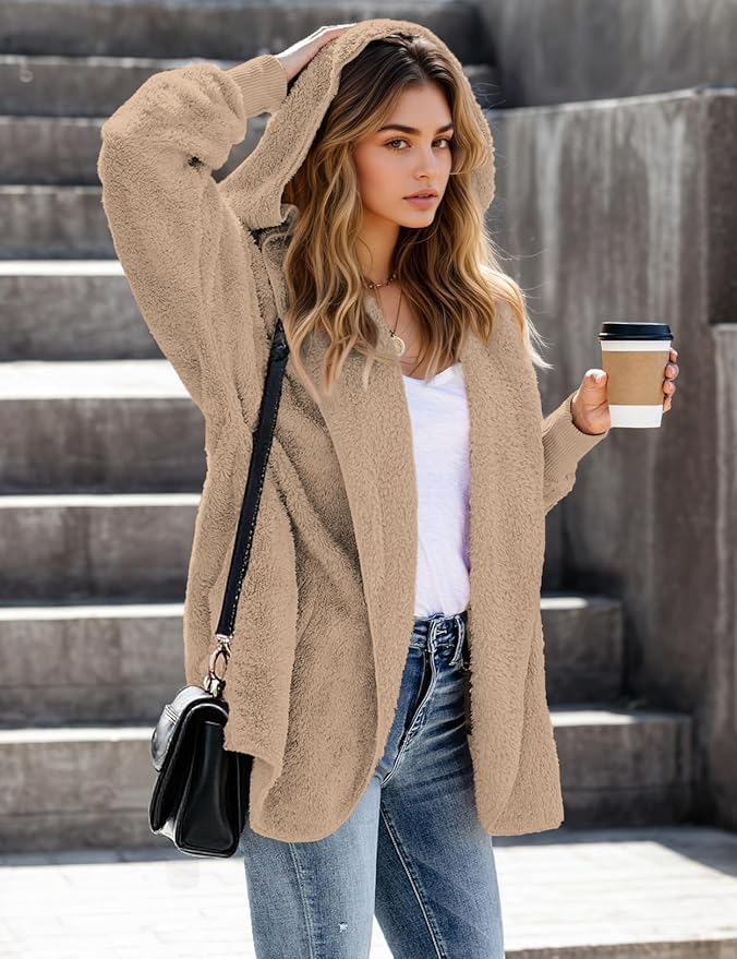 Zilcremo Women Hooded Cardigan Fuzzy Jacket Winter Open Front Fleece Coat Outwear with Pockets