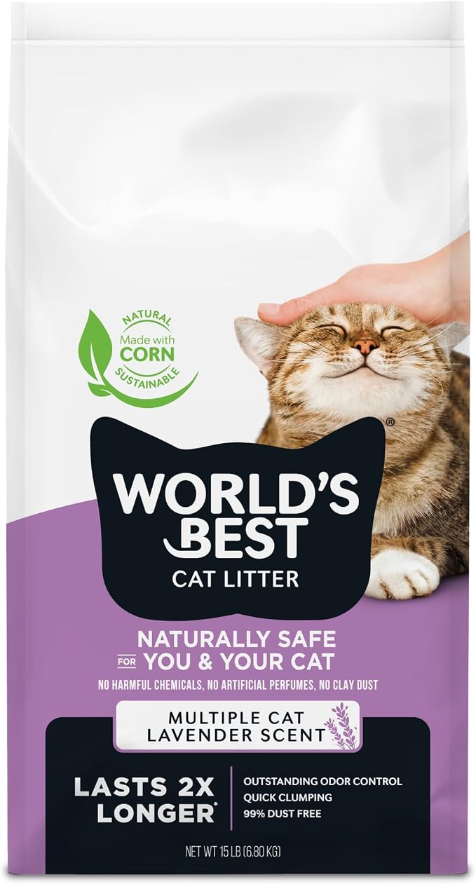 World's Best Cat Litter, Lavender Scented, Long-Lasting Odor Control, 15 lb | Controls multi-cat odors with a calming lavender scent; natural corn litter, quick clumping, flushable, 99% dust free formula