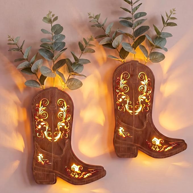 1 Pair/2 Pcs Western Wall Decor with Lights Wood Cowboy Boots Wall Planter for Indoor 12x10 Boots Hanging Vase for Faux Flower Rustic Modern Sconce for Living Room Bathroom Bedroom Office
