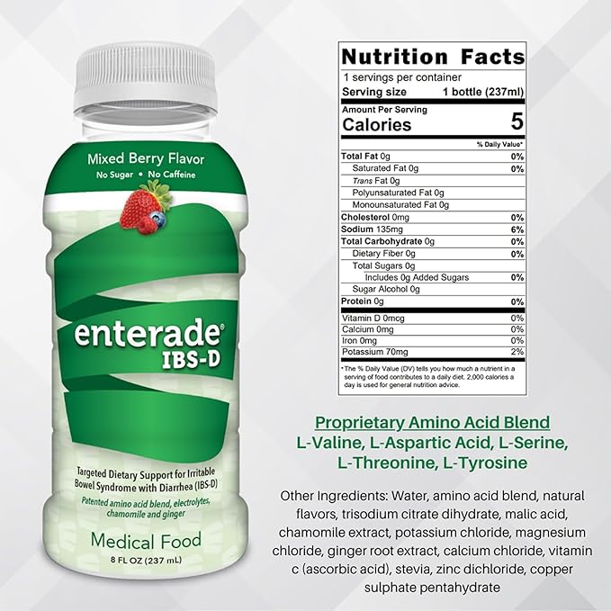 enterade IBS-D Beverage for IBS Relief of Symptoms from Irritable Bowel Syndrome with Diarrhea (IBS-D), Mixed Berry (12 Bottles, 8oz Each)