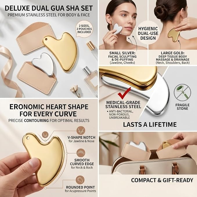 Partition Nursing Scraping Tool Set - Silver Facial Scraping Board and Gold Body Shaping Tool, Lymphatic Massage Tools for Facial Contouring, Jawline Shaping, Neck and Shoulder Relaxation