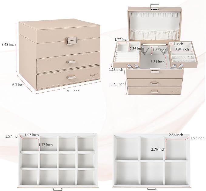 Jewelry Organizer Box, Large Jewelry Boxes for Women Girls, Space-Saving 4 Layers Jewelry Storage Case with Drawer, Movable Metal Stand, Modern, Gift Idea (Champagne + Silver)