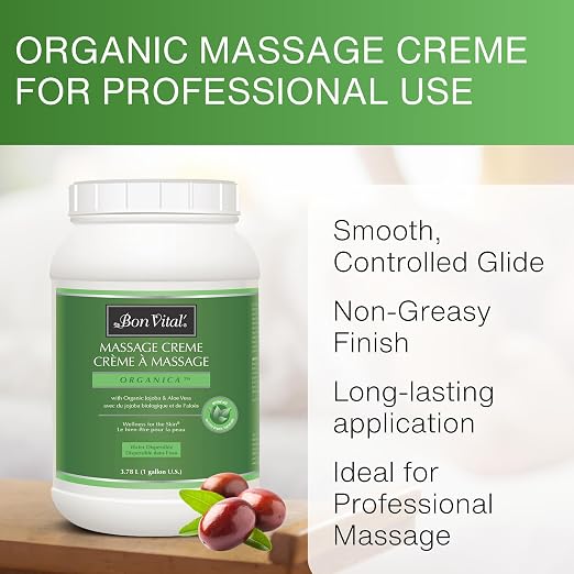 Bon Vital' Organica Organic Massage Creme, 1 Gallon, Organic Jojoba Oil, Non-Greasy, Hypoallergenic, Cream For Sensitive Skin, Massage Therapy & Muscle Relaxation, Spa Quality