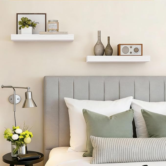 Fixwal Floating Shelves for Wall Decor (White, Set of 2, 15.7 Inch) | MDF Shelves with Metal Brackets, Space Saving for Books, Decor, Works in Bathroom, Kitchen, Living Room, Bedroom