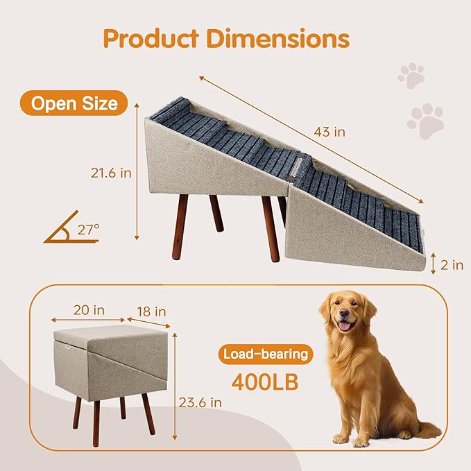 XXL 2-in-1 Ottoman Dog Stairs for Large Dogs,21.6 Inch Foldable | 6 Step Pet stairs for Bed and Couch,Safe Dog Stairs for Small Dogs,Joint Relief,Easily Fold Flat for Compact Storage