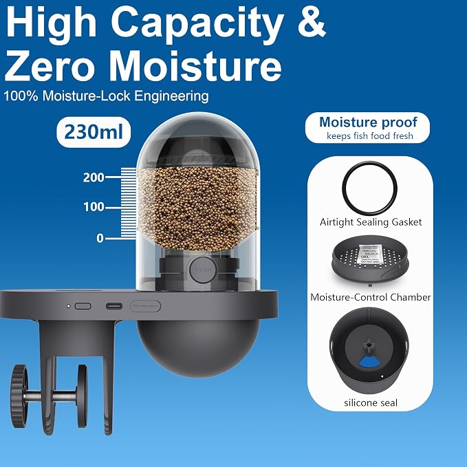 WiFi Automatic Fish Feeder with 2.5K Camera, 2.4/5G Smart App Remote Control, Vacation Feeding Timer, Precision Fish Food Dispenser, 230ML Moisture-Proof Aquatic Pet Feeder for 10+ Gallon Tank