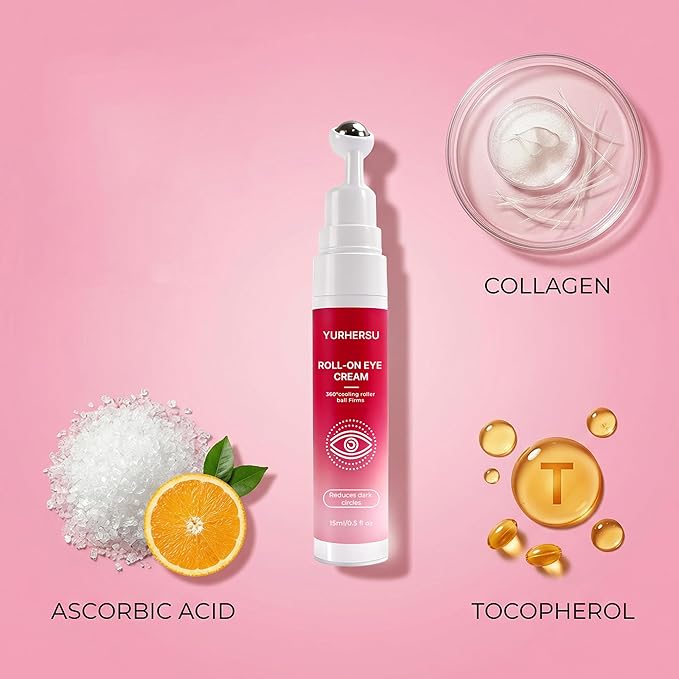 Roll-On Eye Cream with 360° Cooling Roller, Depuffing Gel with Collagen, Hydrating Under Eye Cream Reduce Puffiness, Dark Circle, Fine Lines & Bags, Moisturizing Treatment Serum, 0.5 Oz