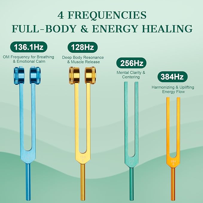 Tuning Forks for Healing Set,4-Color Tuning Forks (136.1Hz,128Hz,256Hz,384Hz),Weighted & Unweighted Resonance Sound Healing Tuning Fork Set with 10 Accessories,for Stress Relief,Sleep & Chakra Balance