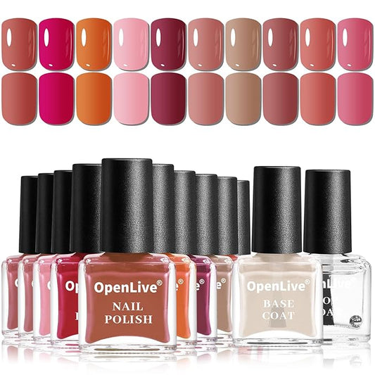 12Pcs Rose Nail Polish Set with Base and Top Coat Burgundy Dark Wine Cherry Red Hot Pink Fingernail Polish Kit Air Quick Dry Regular Finger Nail Polish Pack for Women Gift Holiday 5ML