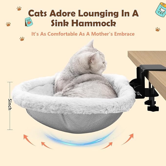 Extra-Sturdy Cat Desk Bed with Heavy-Duty Clamp | Sunken Hammock Design & Soft Faux Fur, Removable & Washable Cover, Holds Up to 40lbs, Space Saving Cat Perch