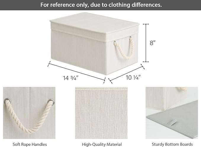 StorageWorks Storage Bins with Lids, Decorative Storage Boxes with Soft Rope Handles, Foldable Stackable Storage Baskets for Closet, Shelves, 3-Pack, Ivory and White, Large