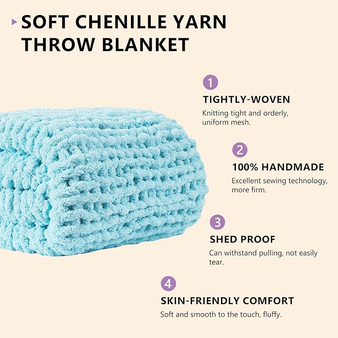 L'AGRATY Chunky Knit Throw Blanket for Couch, 30 x 40 Inches, Light Blue | Handmade Chenille Crochet Blanket for Sofa Bed, Thick Cable Knitted Blankets for Room Home Decor, Birthday Gift for Women Mom