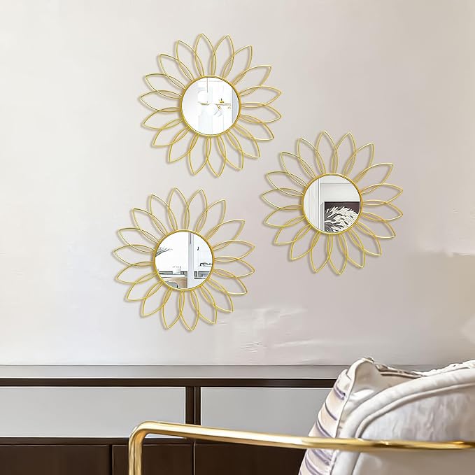 3 Pack Metal Mirrors for Wall Sunburst Wall Mirrors Home Décor Decorative Hanging Wall Art for Living Room Bedroom Entryway (Gold2, Flowers)
