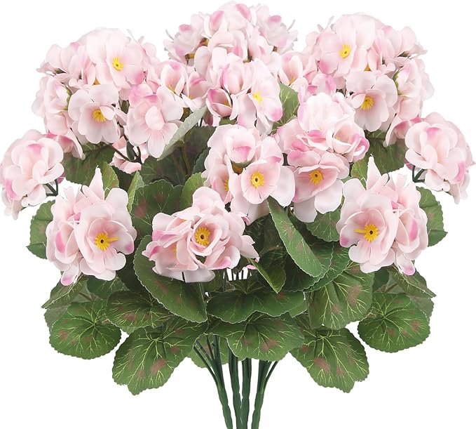 CISDUEO 4 Pcs Artificial Geranium Outdoors Silk Flowers Outside Light Pink | UV Resistant Fake Geraniums Bush Faux Flowers for Planter Outdoor Decor Indoor Garden Patio Table Centerpiece