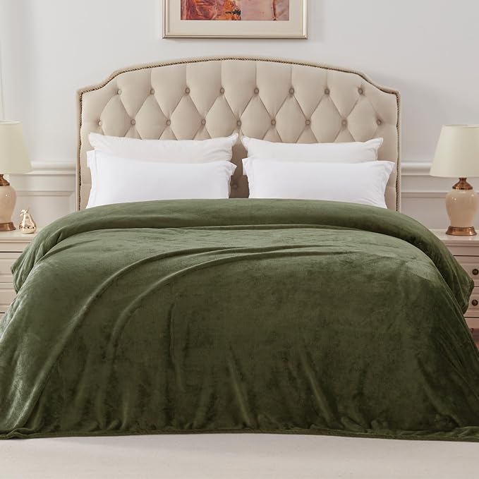 Exclusivo Mezcla Soft Fleece Blanket Queen Size for Bed, Olive Green | 90x90 Inches, Double-Sided Brushed Flannel, Lightweight Plush Cozy Blanket for Home Decor, All Season, Machine Washable