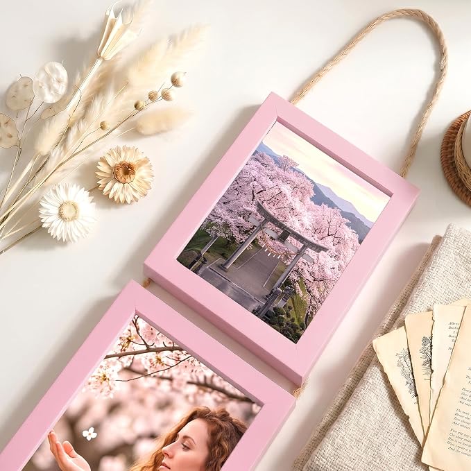 QUTREY 5x7 Picture Frames Collage Pink, 6 Openings Hanging Photo Frame Set Display Vertical 5 by 7 inch Pictures for Wall Decor, 2 Pack